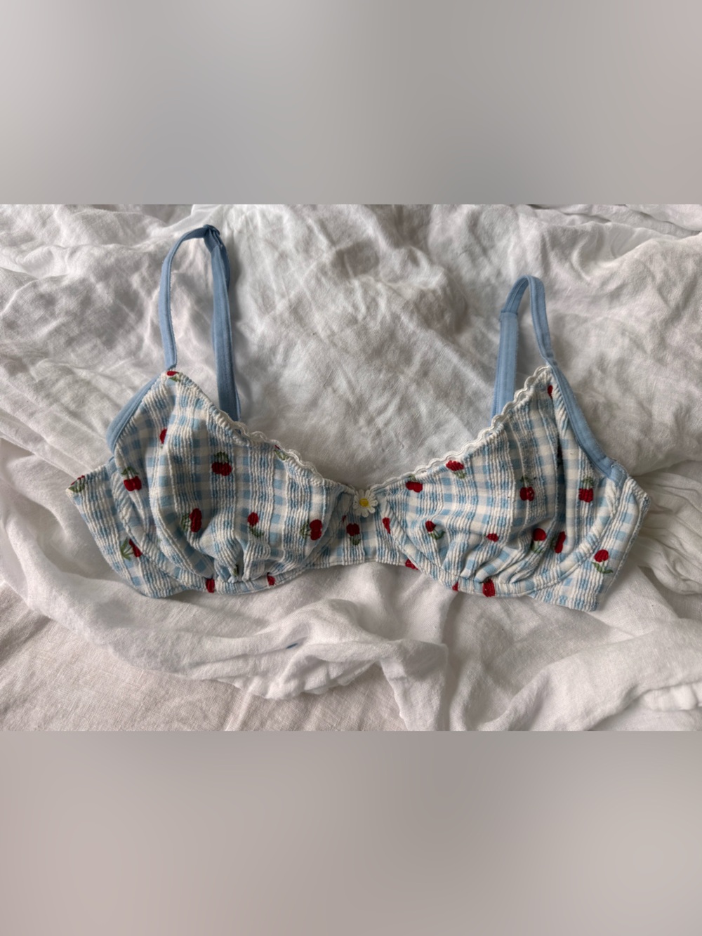 Vintage Blue Plaid Bra Top with Cherry Print